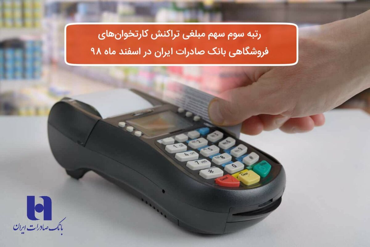 ​رتبه سوم سهم مبلغی تراکنش‌ کارت‌خوان‌های فروشگاهی بانک صادرات ایران در اسفند ماه ٩٨